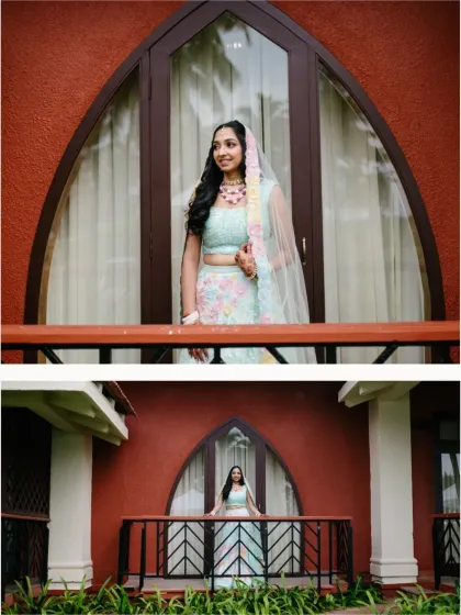 A diptych of the bride on her wedding day in Goa, showing a close-up on the balcony and a wider shot that captures the beautiful architecture.