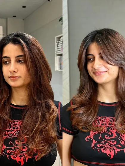 Adding dimension and softness with a new layered hairstyle. The before-and-after shows a significant, beautiful change.