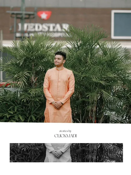A stylish portrait of the groom in his reception kurta, captured in a modern, outdoor setting.
