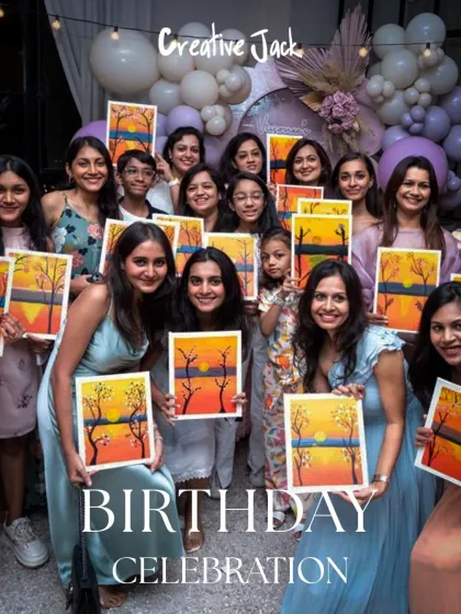 A beautiful group photo from a birthday celebration where all the guests proudly display the sunset paintings they created. It’s a wonderful way to capture the memory of a creative day together.