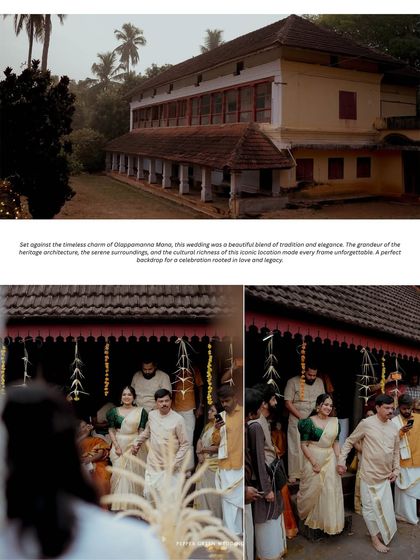 A collage showcasing the grandeur of the heritage wedding venue, Olappamanna Mana, and the traditional rituals taking place.