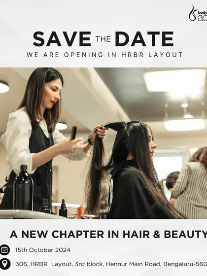 Save the date. An announcement for the opening of our new chapter in hair and beauty at our HRBR Layout location.