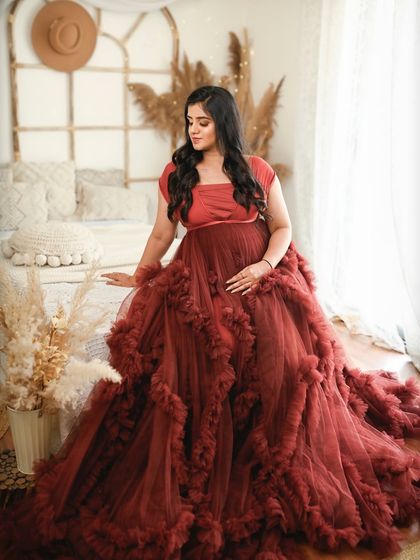 A final look at the gorgeous ruffled gown in our boho studio. This image showcases the beautiful textures and colors that make my studio sessions unique.