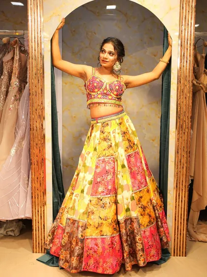 A full-length view of the patchwork lehenga, showing how it moves and shines. Perfect for the bridesmaid who loves to be in the spotlight.
