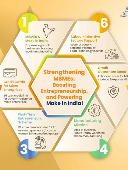 This infographic details six key pillars of the government's budget aimed at strengthening MSMEs and Make in India. It covers everything from credit cards for micro-enterprises to a new manufacturing mission, showing our grasp of the support systems available.