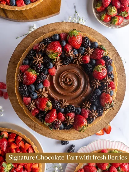 My Signature Chocolate Tart with fresh berries, decorated with star anise for a festive touch. This is a beautiful and delicious centerpiece for any holiday table.