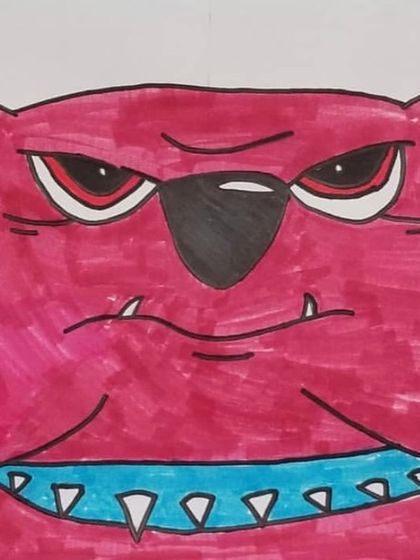 Another take on the bulldog character, this time with a vibrant pink color and a spiky collar, showing how students can customize their drawings.