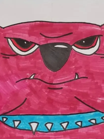 Another take on the bulldog character, this time with a vibrant pink color and a spiky collar, showing how students can customize their drawings.