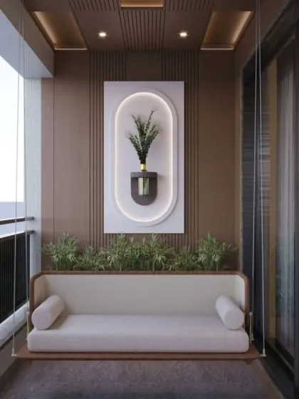 A sleek and modern take on the balcony swing, this custom sofa-style swing features clean lines and neutral upholstery. The vertically slatted wall paneling and contemporary wall art create a sophisticated and stylish look.