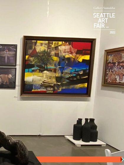 Another look back at a previous Seattle Art Fair booth, with a bold abstract painting and various sculptures.