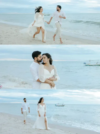 A collage of moments from a pre-wedding shoot in Thailand, showing a mix of playful running, romantic embraces, and thoughtful poses against the beautiful seascape.