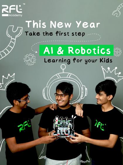 This New Year, take the first step in AI and robotics learning for your kids. This image shows our older students collaborating on a project, representing our focus on teamwork.