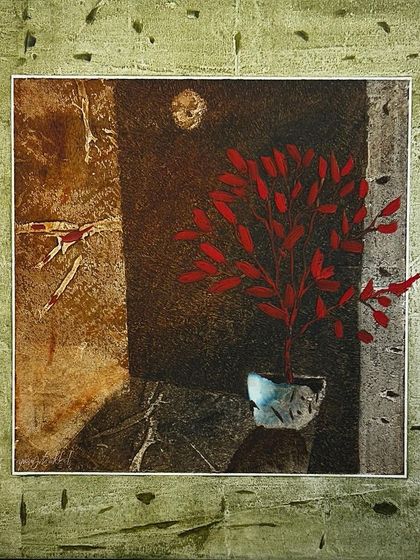 A work by Yusuf Arakkal where a single red plant grows from a broken pot against a textured, earthy background. It speaks to his theme of finding beauty and spirit in unexpected places.