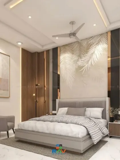 A modern bedroom design with a grey and wood theme, featuring a floor-to-ceiling wardrobe and a leaf-patterned wallpaper accent.
