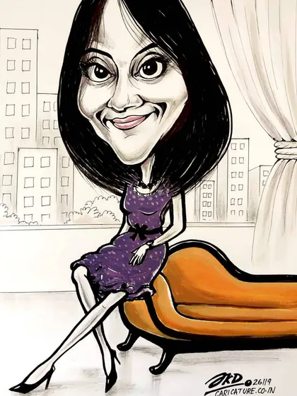 Gifting yourself a nice caricature is a source of sheer happiness. This piece shows a client relaxing in her home, a simple and elegant portrait.