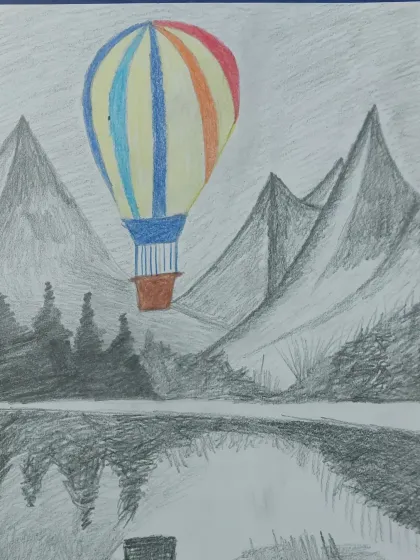 A beautiful hot air balloon sketch, showcasing skills in shading and perspective. We explore various drawing techniques in our classes for older kids and teens.