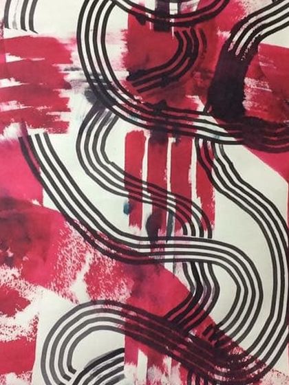 A bold abstract piece in red, black, and white. The strong brushstrokes and looping lines create a sense of dynamic energy and movement.