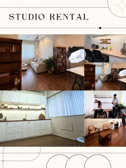 A collage showcasing the different sets available in my studio for rent, including the kitchen, living room setup, and workspace.