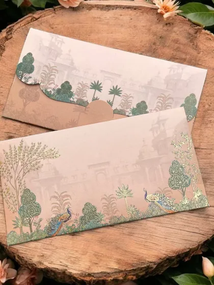 A beautiful pastel money envelope featuring a palace and peacock design. We can personalise these to make your wedding stationery unique.