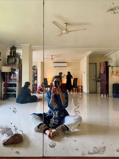 A mirror selfie after a long day of Kathak practice, with ghungroos (ankle bells) on. This is the reality of the hard work and dedication that goes into mastering this classical art form.