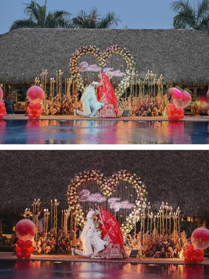 The grand proposal moment during the wedding festivities. The groom kneels before his bride by a beautifully decorated poolside stage, creating a dramatic and romantic scene.