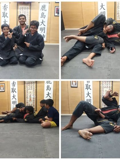 A collage from our kids' Brazilian Jiu-Jitsu class at The Dojo. You can see them having fun while learning practical techniques like taking the back and applying submissions safely.