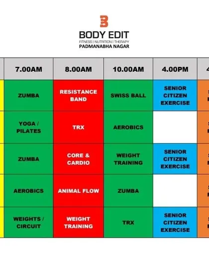 Here is a sample of our weekly class schedule at the Padmanabhanagar branch. We offer a diverse range of classes from early morning to evening to fit your busy life.