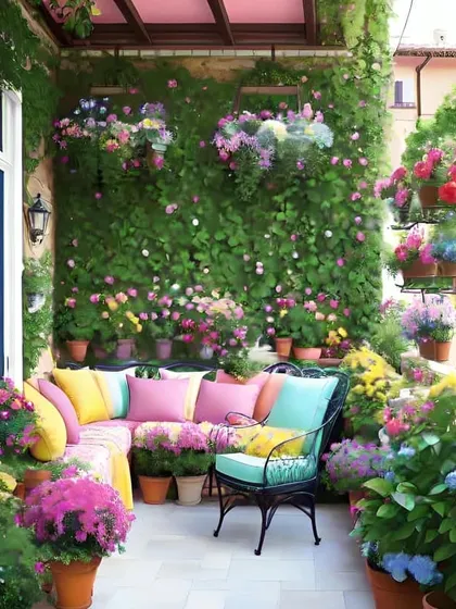 For clients who love color, we created this vibrant floral paradise. The balcony is filled with a variety of flowering plants in pots and hanging baskets, complemented by a full-height green wall and brightly colored cushions on the L-shaped seating.