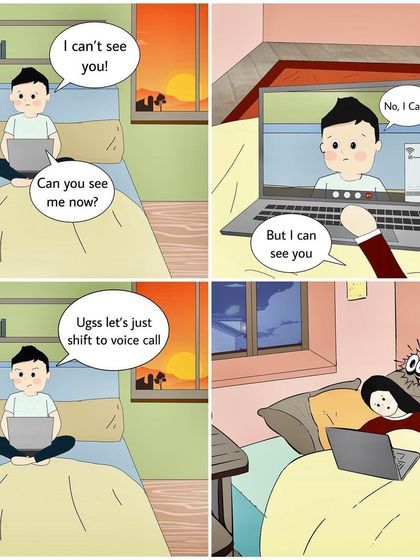 Long-distance relationships have their own unique moments. This comic illustrates a common video call struggle, turning a slightly frustrating experience into a cute, shared memory.