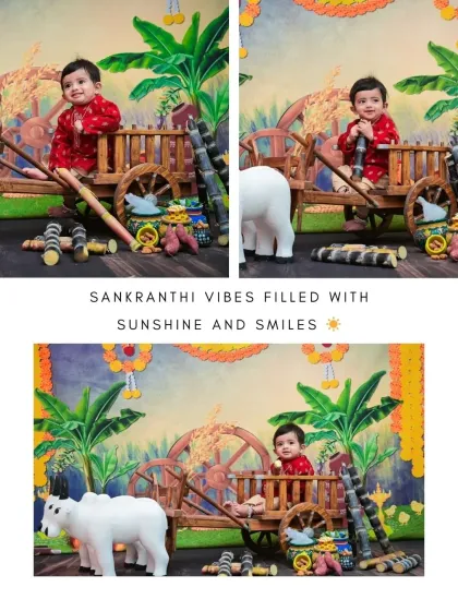 "Sankranthi vibes filled with sunshine and smiles." This collage captures the festive spirit with multiple shots of the happy baby boy in his traditional outfit.