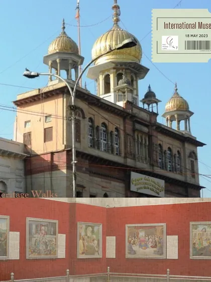 A composite image showing the exterior of Gurudwara Sisganj Sahib and the interior of the Bhai Mati Das Museum. This juxtaposition highlights the connection between the sacred site of martyrdom and the modern institution built to narrate its history.
