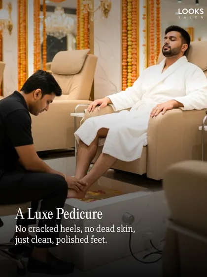 Self-care is for everyone. Here, a client enjoys a luxe pedicure, complete with a foot soak and massage, leaving him feeling relaxed and refreshed. It’s a grooming essential for the modern man.
