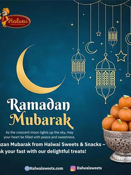 Ramadan Mubarak from Halwai Sweets. As the crescent moon lights up the sky, break your fast with our delightful treats like these juicy Gulab Jamuns.