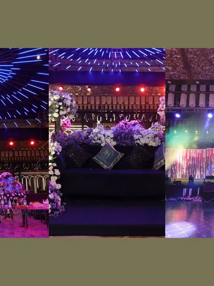 More inspiration for a blue Sangeet, with images of a star-lit ceiling effect, a plush blue sofa for the couple, and a professional concert-style stage.