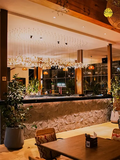 The bar at Botanica is a centerpiece of design, with its intricate leaf-patterned front and elegant lighting. It's the perfect spot to grab a cocktail and unwind.