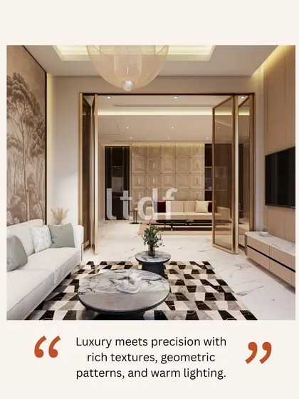 Luxury meets precision in this refined living space. We layered rich textures, geometric patterns, and warm, ambient lighting to create an atmosphere of quiet sophistication and thoughtful detail, where every element is perfectly composed.