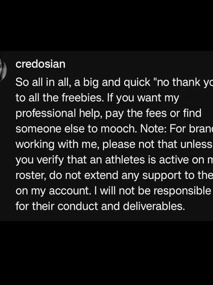 I'm resetting my athlete roster. No more freebies. If you want my professional help, pay the fees or find someone else to mooch off.