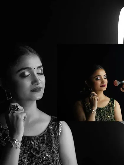 This image gives a glimpse into my collaborative process. It shows both the polished final portrait and the behind-the-scenes moment with the makeup artist, highlighting the teamwork that goes into creating the perfect look for your portfolio.