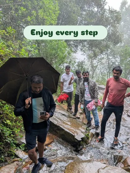 A candid moment on the trail with the words "Enjoy every step". That's the philosophy of my treks.
