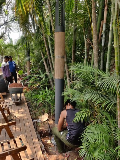 An electrician installs an outdoor light post amidst dense bamboo and tropical foliage. Thoughtful lighting design is crucial for enhancing the ambiance and safety of the landscape after dark.