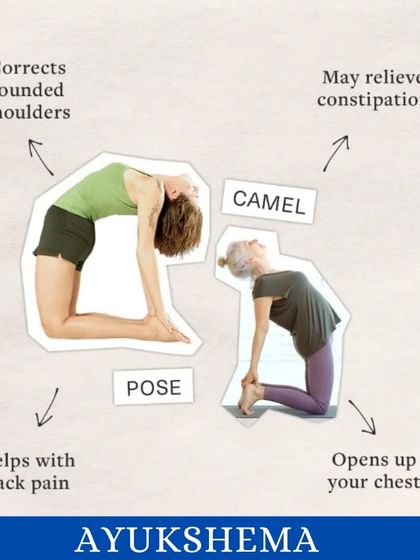 A simple visual explaining the benefits of Camel Pose, such as correcting rounded shoulders and relieving back pain.
