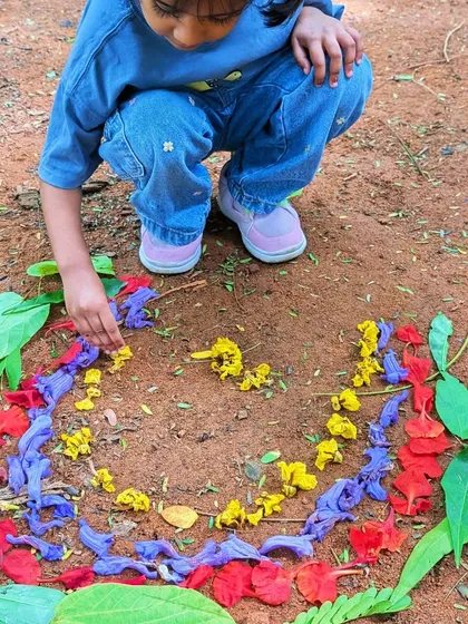 The earth is our canvas. Using colorful petals, fallen leaves, and twigs, we create beautiful nature mandalas. This is art in its purest form, a hands-on activity that teaches children to see the beauty in the small details all around them.