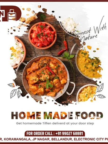 Get homemade tiffin delivered right to your doorstep. This artistic layout shows some of our most popular curries and rice dishes, emphasizing our connection to natural ingredients and home-style cooking.