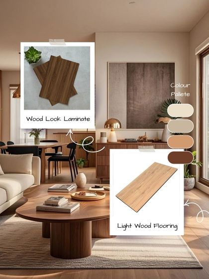 This living room achieves a warm Japandi feel with wood-look laminate furniture and light wood flooring. The neutral color palette and simple forms create a space that is both cozy and uncluttered.