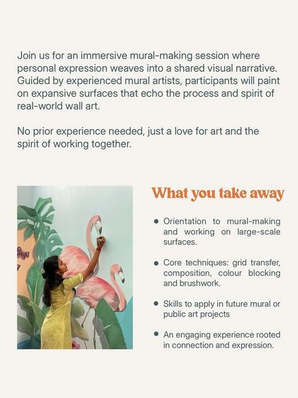 What will you take away from our mural-making workshop? This graphic details the skills you'll learn, including grid transfer, composition, and color blocking for large-scale surfaces.