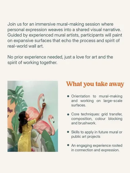 What will you take away from our mural-making workshop? This graphic details the skills you'll learn, including grid transfer, composition, and color blocking for large-scale surfaces.