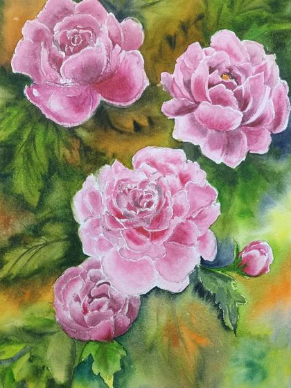 A watercolour painting of pink peonies. This piece focuses on building up layers of colour to create the soft, full petals of the flowers.