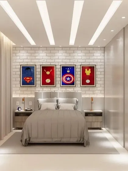 A front view of the bed, showcasing the symmetrical arrangement of the superhero artwork and the clean lines of the design.