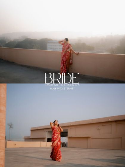 A collage showcasing the bride in her stunning red saree against a rooftop backdrop, capturing her elegance and the anticipation of the ceremony.