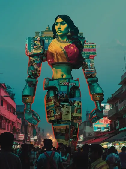 A giant mech in the form of a woman, covered in movie posters, walks through Mumbai. This is a more surreal and symbolic representation of the city as a living entity.